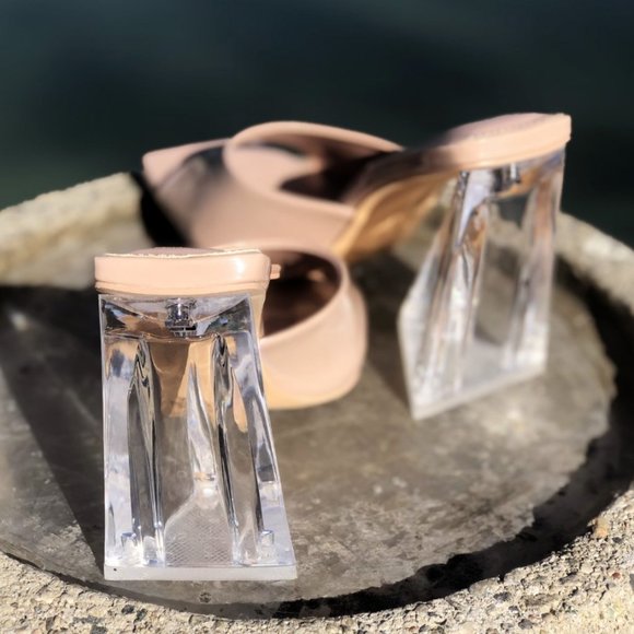 NEW Patent Clear Triangle High Block Heel Square Toe Slip On Sandals Mules Shoes - Picture 6 of 10